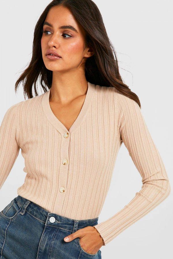 boohoo Basic Geribbelde Gebreide Crop Cardigan, Camel