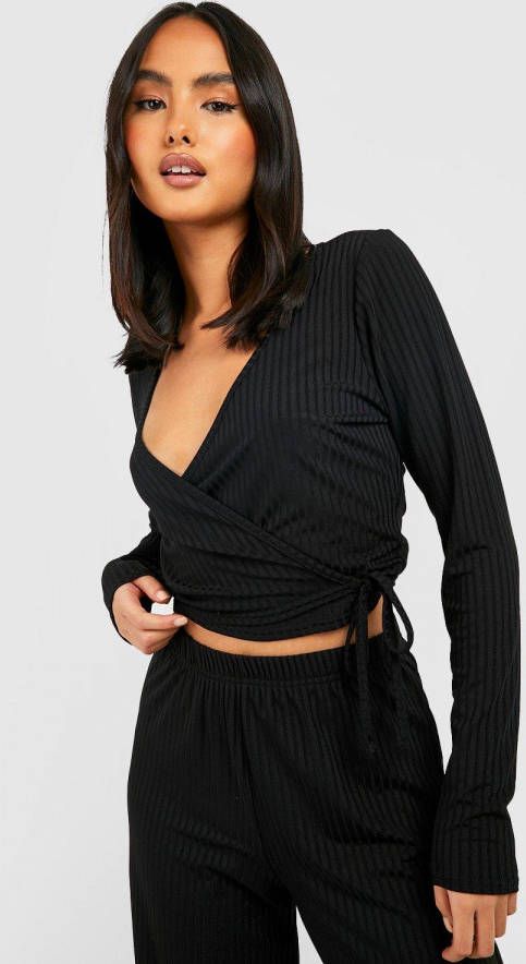boohoo Basic Geribbelde Mix & Match Lounge Wikkeltop, Black