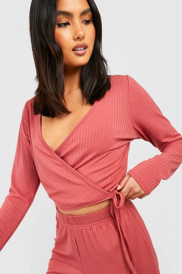 boohoo Basic Geribbelde Mix & Match Lounge Wikkeltop, Dusty Rose