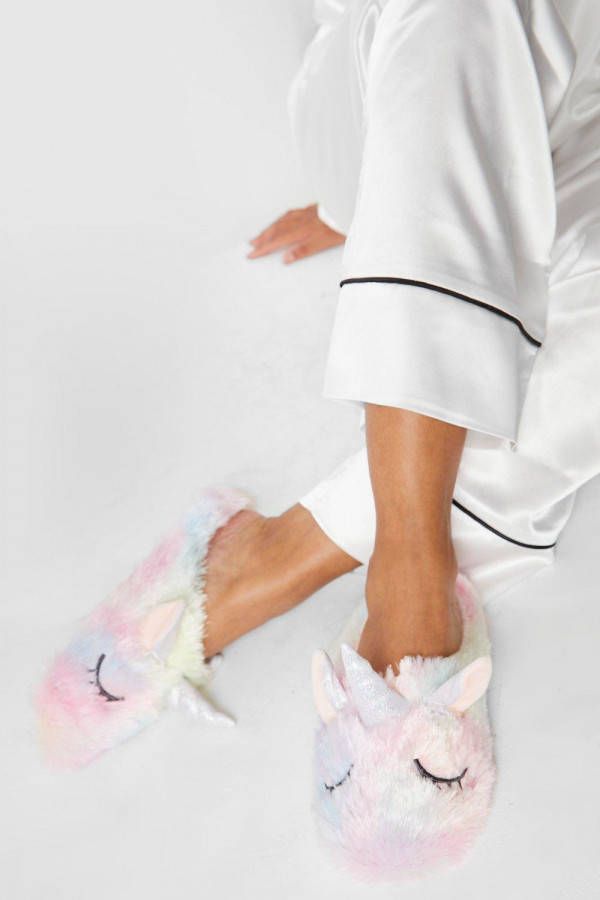 boohoo Faux Fur Unicorn Sloffen, Pink