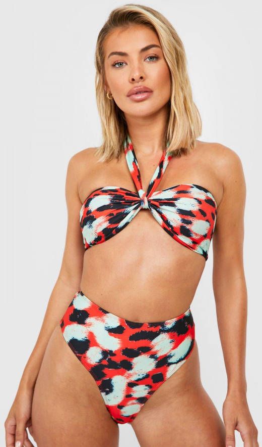 boohoo Gedraaide Dierenprint High Waist Bandeau Bikini Set, Red Orange