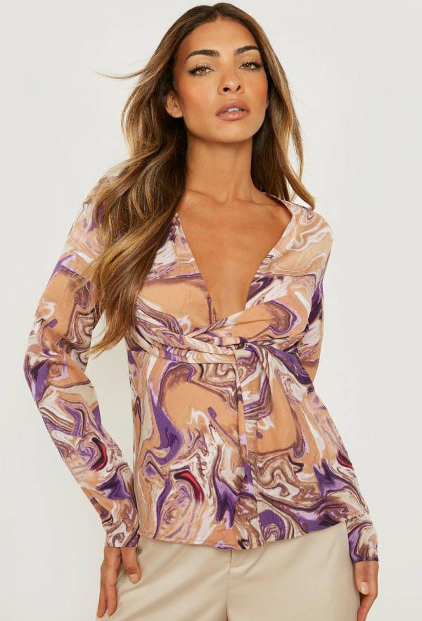 boohoo Gedraaide Marmerprint Blouse, Purple