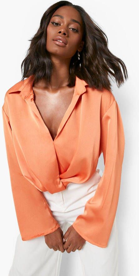boohoo Gedrapeerde Satijnen Blouse, Orange