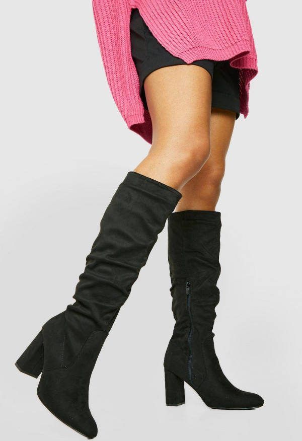 boohoo Geplooide Knielaarzen, Black