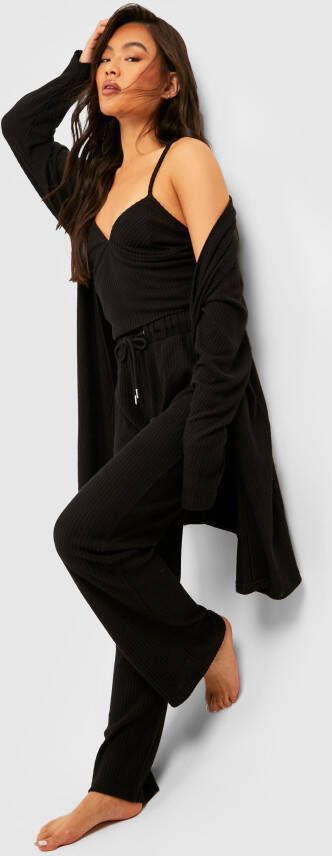 boohoo Geribbelde 3 Delige Loungewear Set, Black