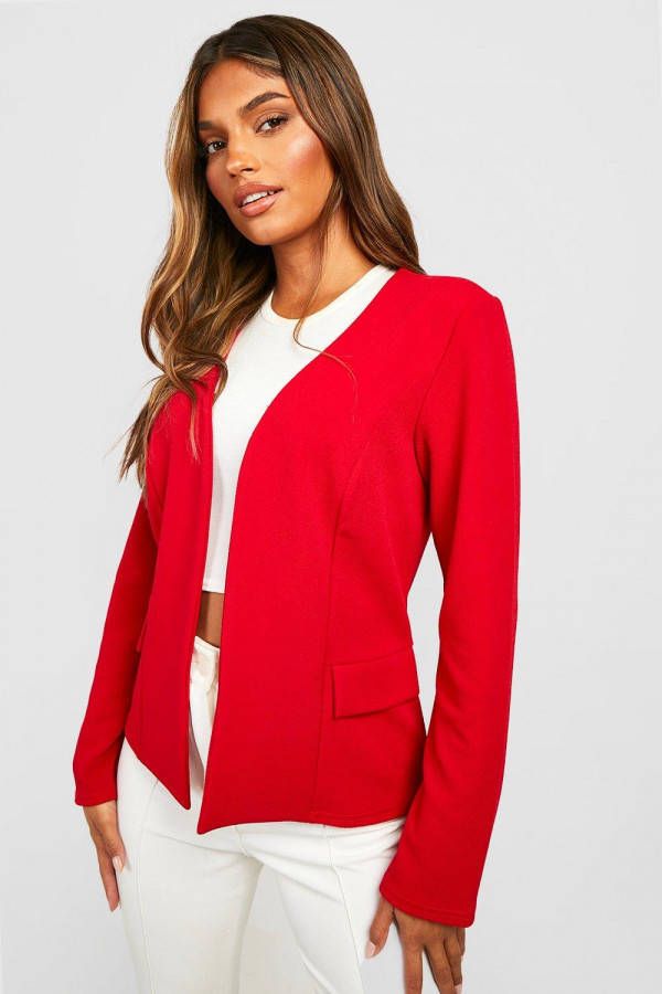 boohoo Getailleerde Basic Kraagloze Jersey Blazer, Red