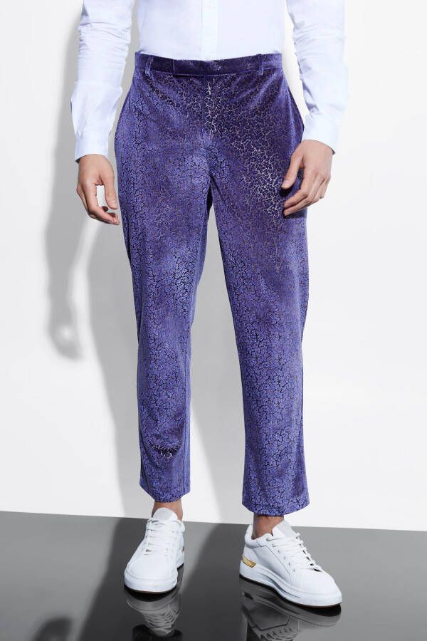 boohoo Ingekorte Velours Baroque Print Slim Fit Pantalons, Purple