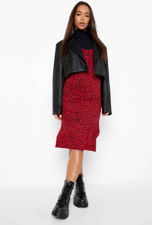 boohoo Jersey Luipaardprint Midi Onderjurk, Rood