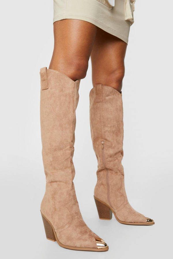 boohoo Kniehoge Pull On Cowboy Laarzen, Sand