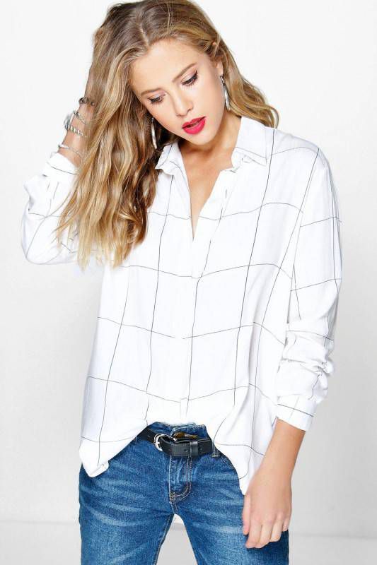 boohoo Groot Geruite Oversized Blouse, Wit