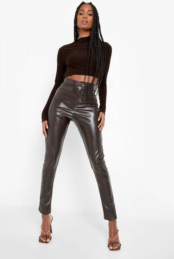 boohoo High Waisted Matte Leather Look Skinny Pants, Chocolate