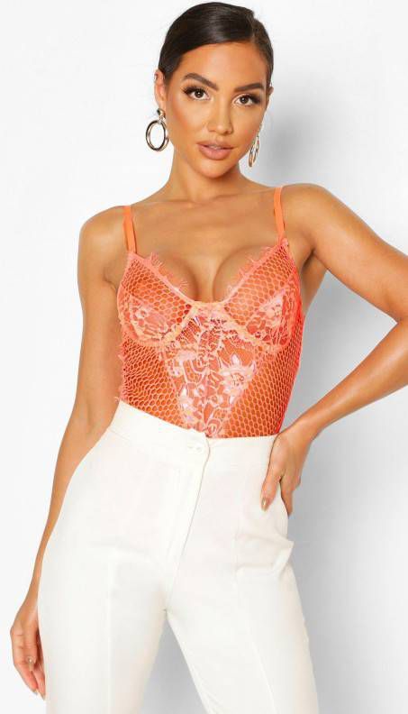 boohoo Premium Kanten Neon One Piece, Neonoranje