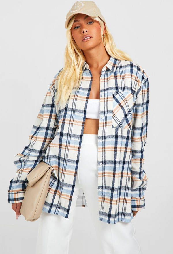 boohoo Oversized Geruite Blouse, Ecru
