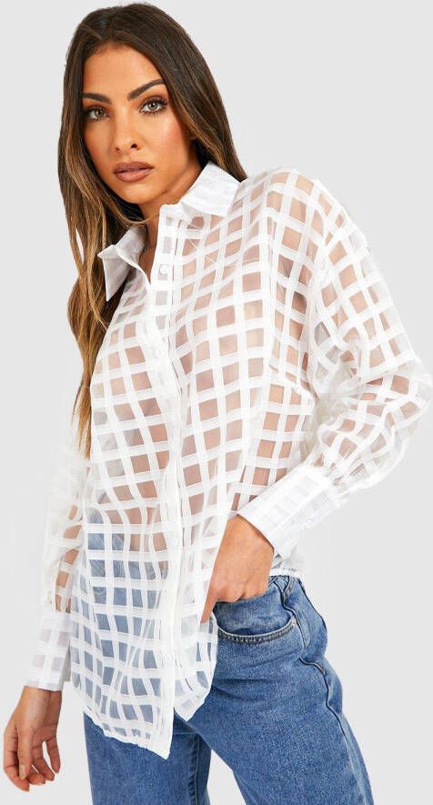 boohoo Oversized Geruite Doorschijnende Blouse, White