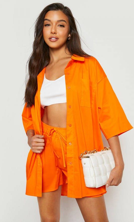 boohoo Oversized Katoenen Poplin Blouse En Shorts Set, Orange