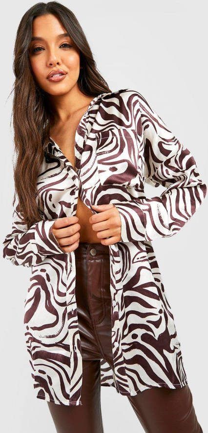 boohoo Oversized Satijnen Zebraprint Blouse, Brown
