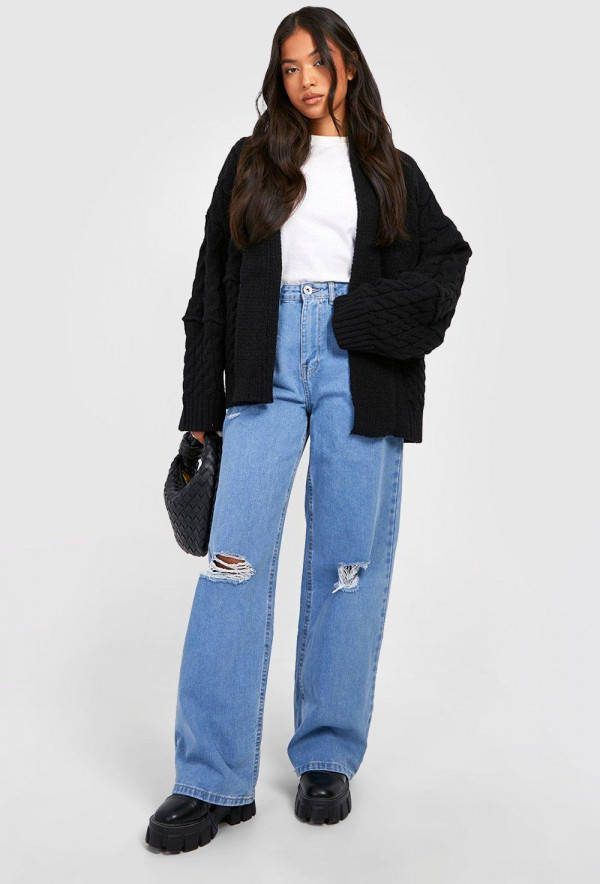 boohoo Petite Dikke Grof Gebreide Cardigan, Black