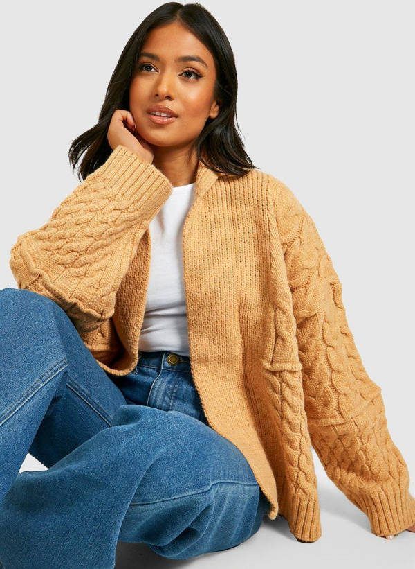 boohoo Petite Dikke Grof Gebreide Cardigan, Camel