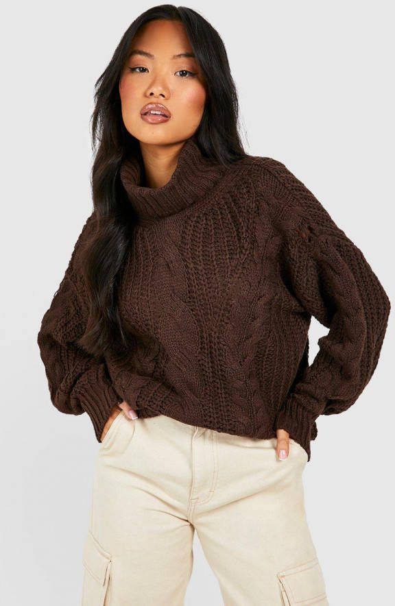 boohoo Petite Dikke Grof Gebreide Coltrui, Chocolate