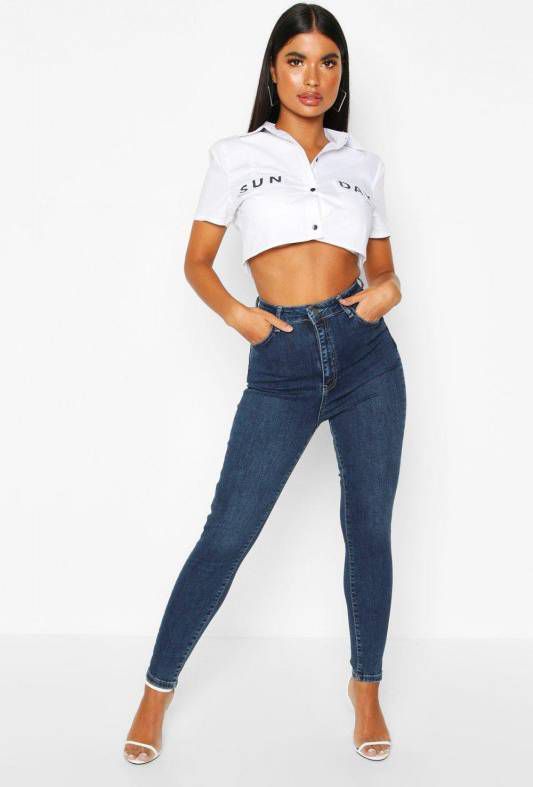 boohoo Petite Vormende Skinny Fit Spijkerbroek, Indigo