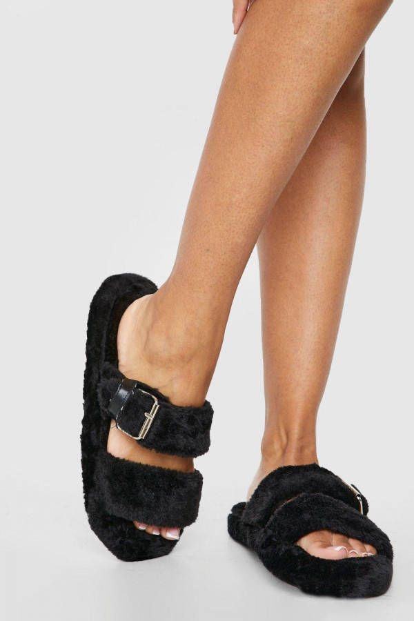 boohoo Pluizige Faux Fur Sloffen, Black