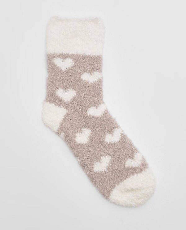 boohoo Pluizige Hartjes Print Huissokken, Beige