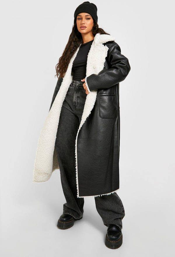 boohoo Pluizige Pu Trenchcoat, Black