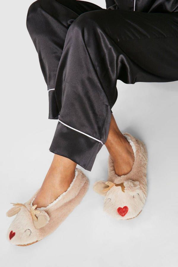 boohoo Pluizige Rendier Sloffen, Brown