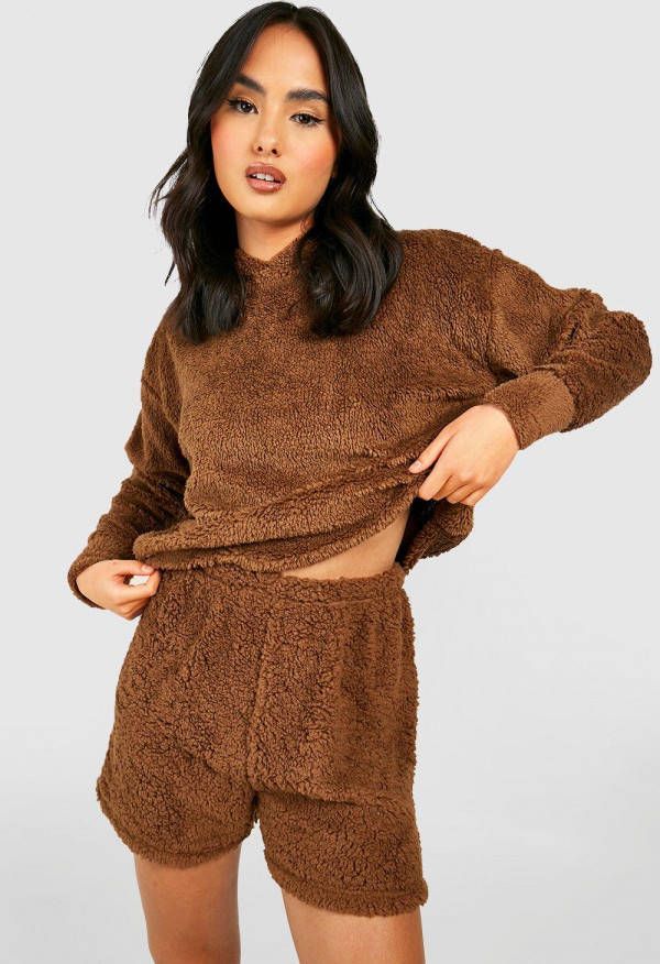 boohoo Pluizige Teddy Hoodie En Shorts Lounge Set, Brown