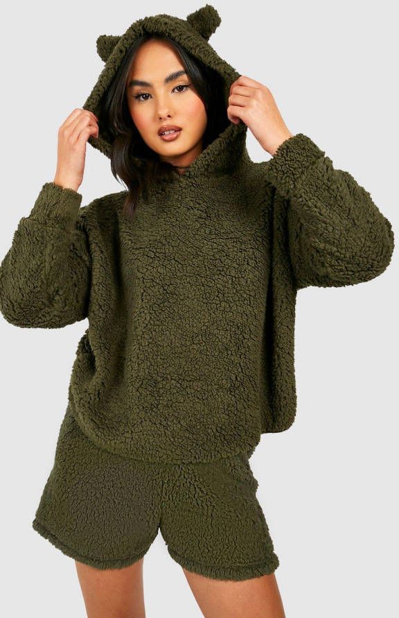 boohoo Pluizige Teddy Hoodie En Shorts Lounge Set, Khaki