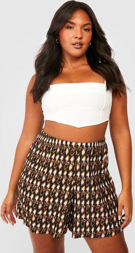 boohoo Plus Abstracte Plisse Shorts, Black