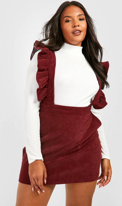 boohoo Plus Corduroy Pinafore Skater Rok, Burgundy