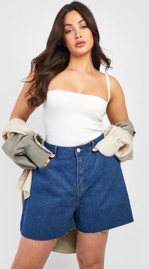 boohoo Plus Denim Bermuda Shorts, Mid Wash