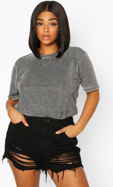 boohoo Plus Versleten Denim Shorts, Zwart