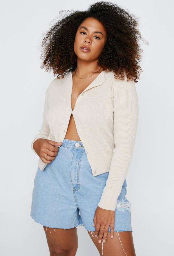 boohoo Plus Gebreide Geribbelde Doorknoop Cardigan, Cream