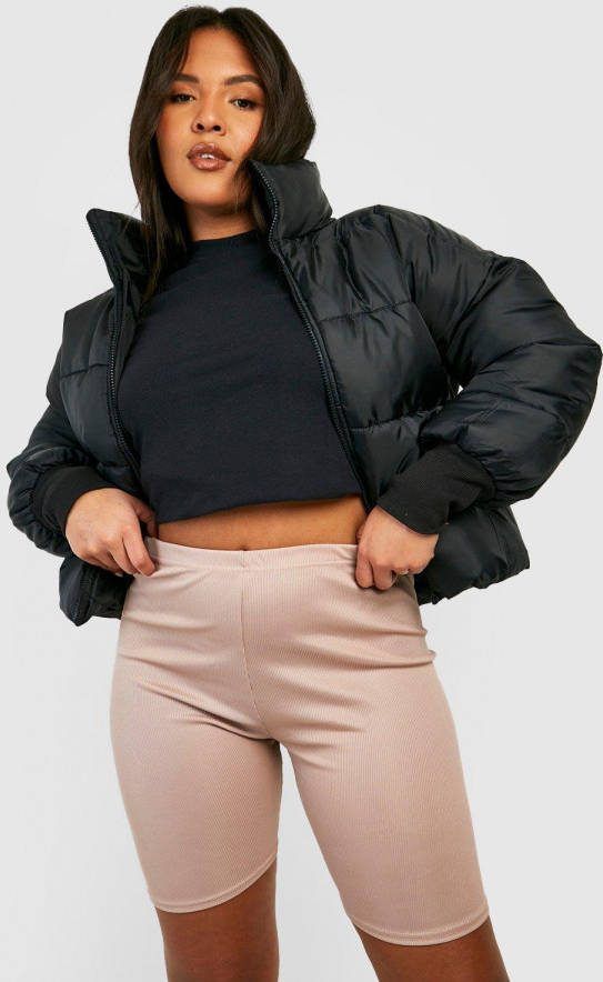 boohoo Plus Geribbeld High Waist Fietsbroekje, Stone