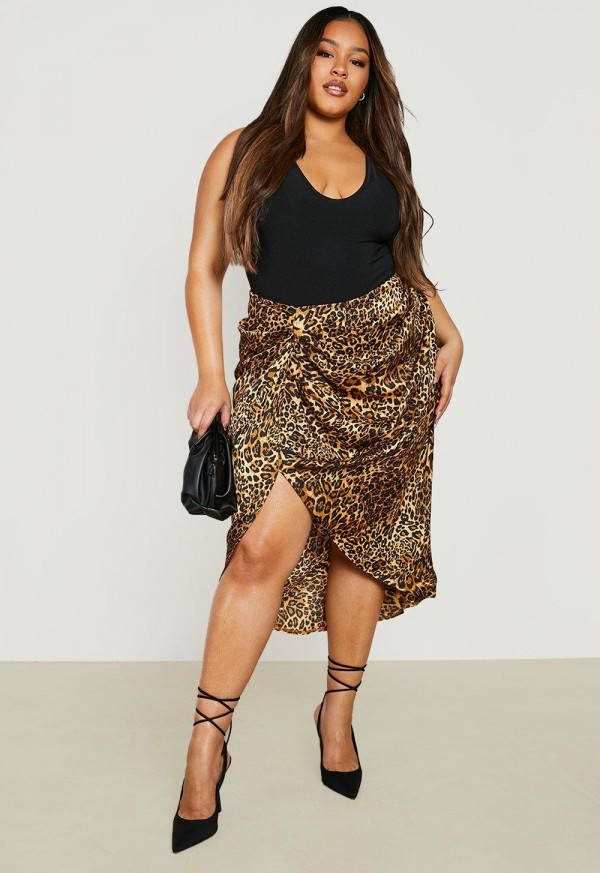 boohoo Plus Geweven Geplooide Luipaardprint Midi Rok, Brown