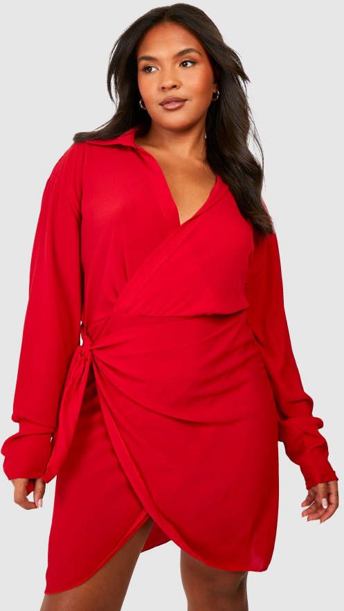 boohoo Plus Geweven Wikkeljurk, Red