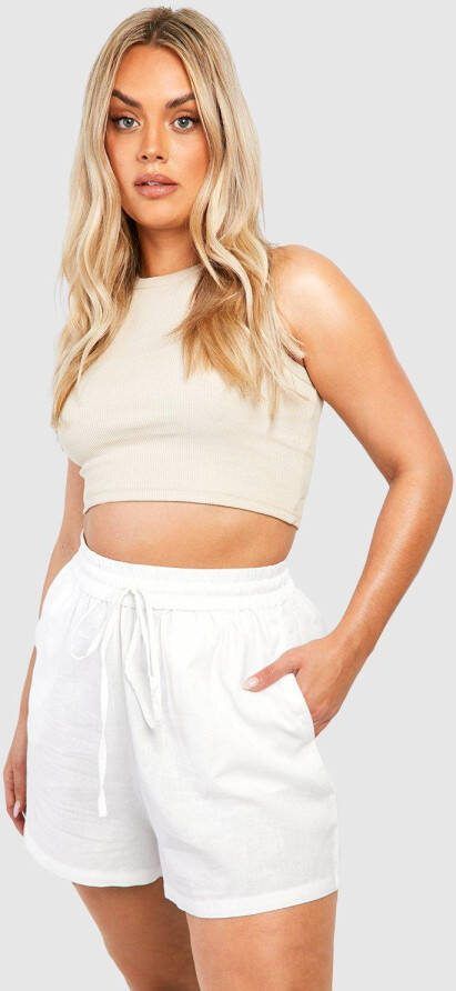 boohoo Plus Losse Linnen Shorts, White
