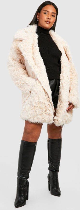 boohoo Plus Pluizig Long Line Aviator Jacket, Tan