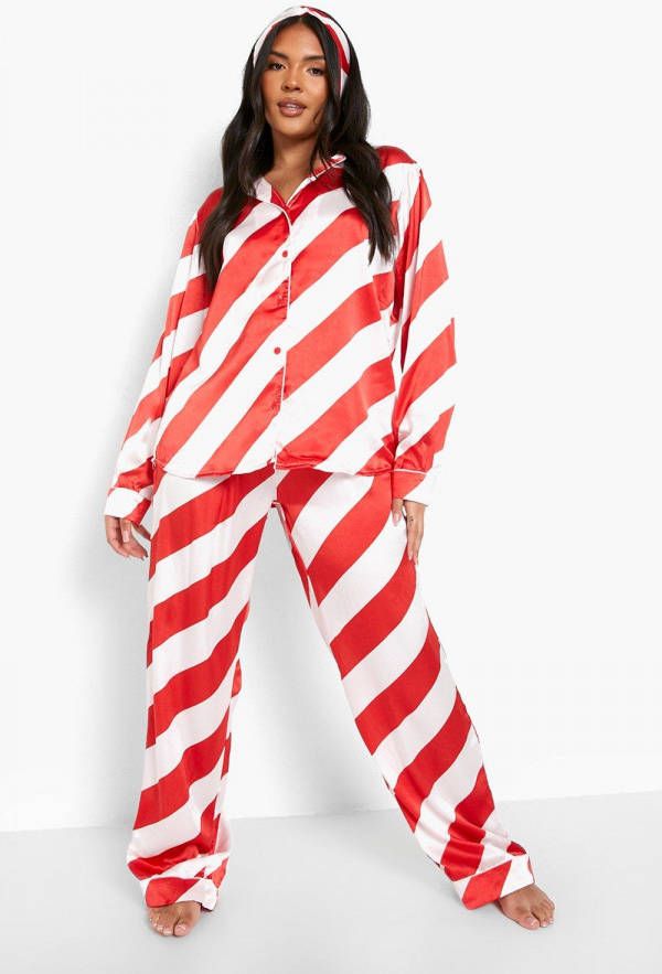 boohoo Plus Satijnen Gestreepte Zuurstok Pyjama En Haarband, Red