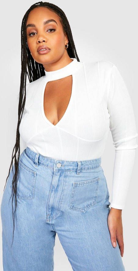 boohoo Plus Strakke Geribbelde Premium Choker One Piece, Cream