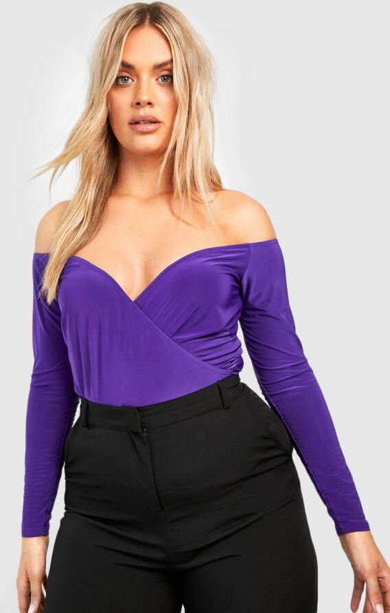 boohoo Plus Strakke Off Shoulder Wikkel One Piece, Purple