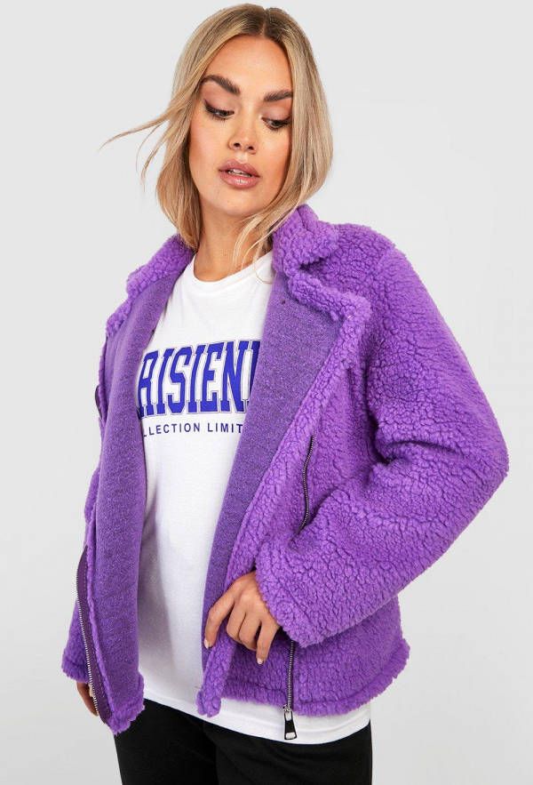 boohoo Plus Teddy Aviator Jacket, Purple