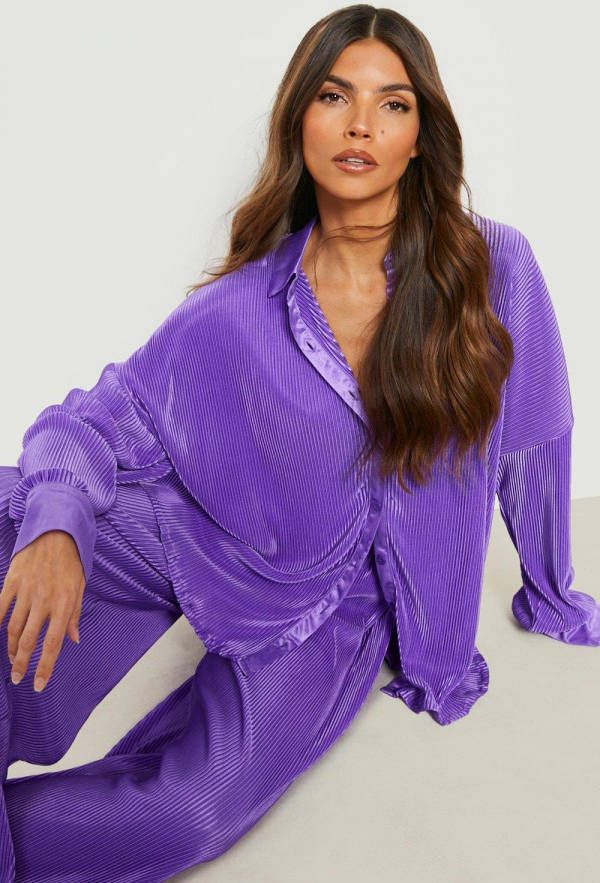 boohoo Premium Oversized Plisse Blouse, Purple