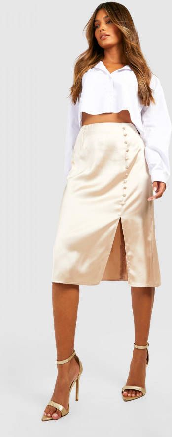 boohoo Satijnen Midi Rok, Champagne