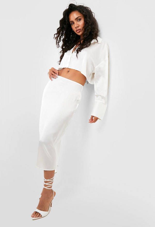 boohoo Satijnen Midi Rok, Cream