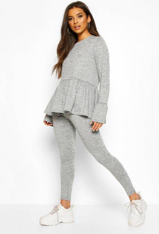 boohoo Zachte Peplum Loungewear Set, Grijs Gemê, leerd