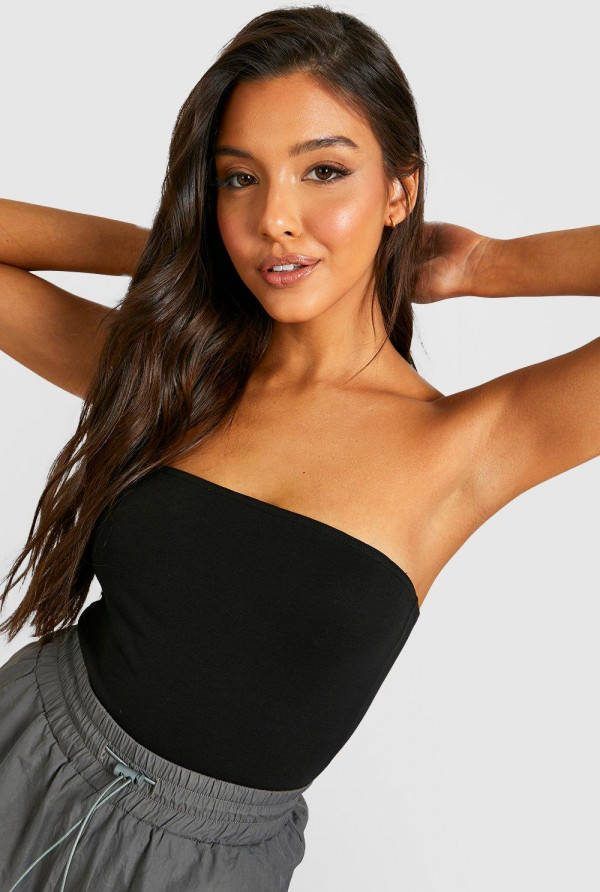 boohoo Strapless Gemengd Katoenen One Piece, Black
