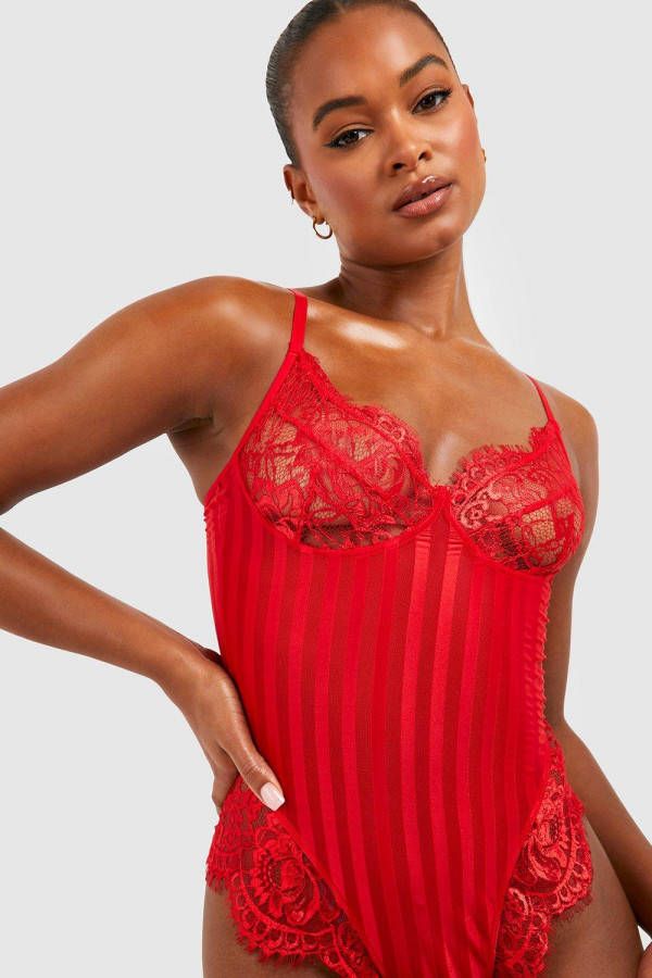 boohoo Tall Gestreepte Mesh En Kanten One Piece, Red
